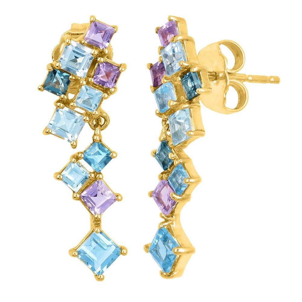 Gemstone Drop Earrings with Princess-Cut Blue Topaz, Tanzanite and Iolite in 10K Yellow Gold