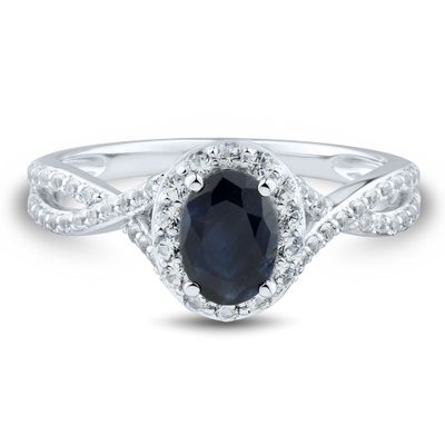 Oval Blue Sapphire Ring with Lab-Created White Halo 10K Gold
