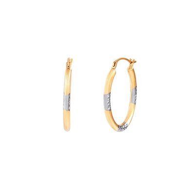 Oval Hoop Earrings with Diamond-Cut Details in 10K Yellow & White Gold