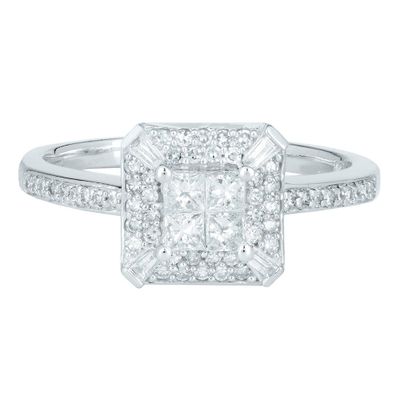 Quad Princess-Cut Diamond Engagement Ring with Cluster Halo 10K White Gold (1/2 ct. tw.)