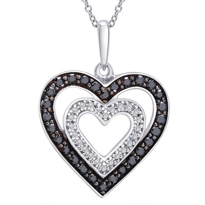 Double Heart Pendant with Black & White Diamonds in Sterling Silver (1/3 ct. tw.)