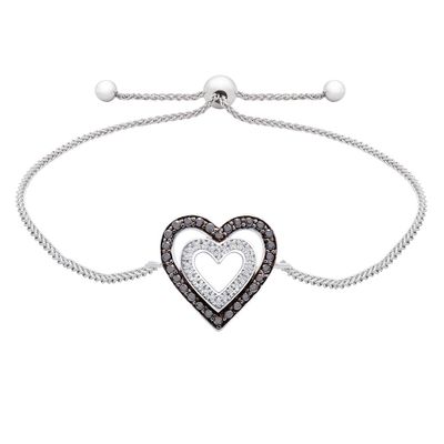 Double Heart Bolo Bracelet with Black & White Diamonds in Sterling Silver (1/3 ct. tw.)