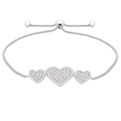 Diamond Three Heart Bolo Bracelet in Sterling Silver (1/7 ct. tw.)