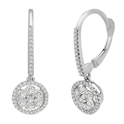 Diamond Cluster Drop Earrings with Halos in 10K White Gold (1/2 ct. tw.)