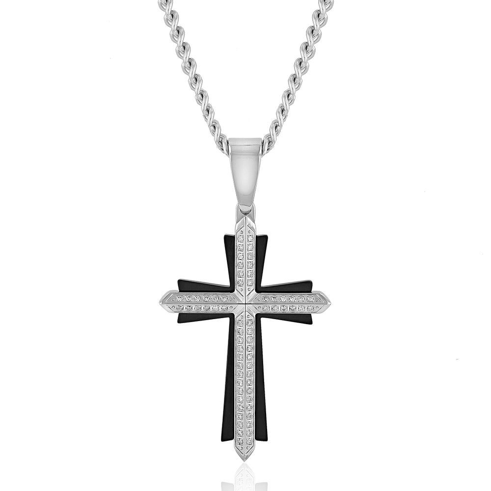 Menâs Diamond Cross Pendant with Black Ion-Plating in Stainless Steel (1/3 ct. tw.)