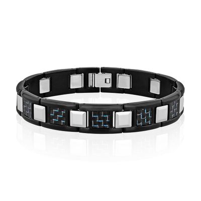Menâs Link Bracelet with Blue Carbon Fiber in Black Ion-Plated Stainless Steel