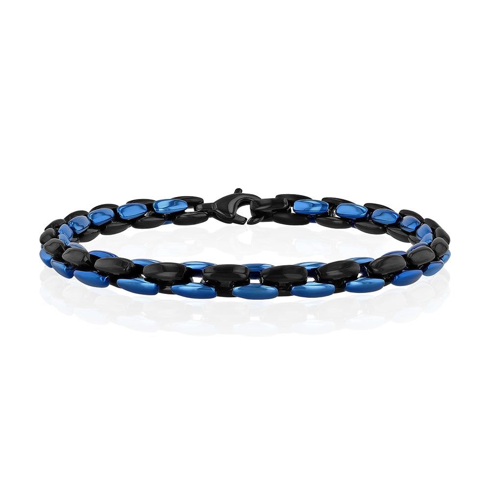 Menâs Two-Tone Link Bracelet in Black & Blue Ion-Plated Stainless Steel