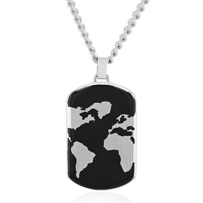 Men's Dog Tag Pendant with World Map in Stainless Steel