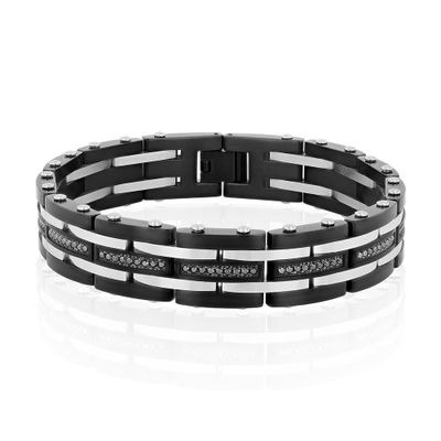 Menâs Link Bracelet with Black Diamonds in Black Ion-Plated Stainless Steel (1 ct. tw.)