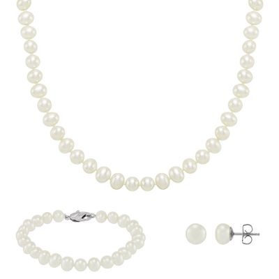 Pearl Necklace, Bracelet & Earrings Set in Sterling Silver, 6-7mm