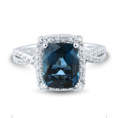 Cushion-Cut London Blue Topaz Ring with Lab-Created White Sapphires 10K Gold