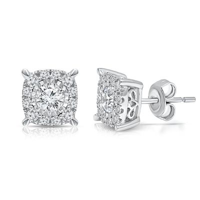 Diamond Halo Stud Earrings with Illusion Settings in 10K White Gold (1 ct. tw.)