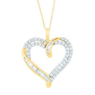 Diamond Heart Pendant with Round & Baguette Diamonds in 14K Yellow Gold (1 ct. tw.)