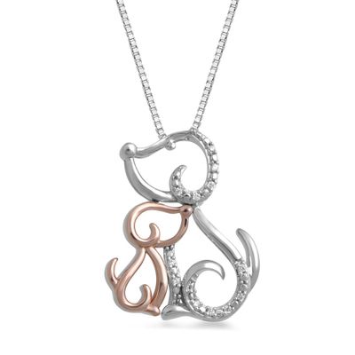 Dog Charm Necklace with Diamond Accents in Sterling Silver & 10K Rose Gold