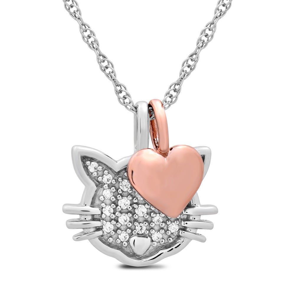 Diamond Cat Necklace with 10K Rose Gold Heart in Sterling Silver (1/10 ct. tw.)