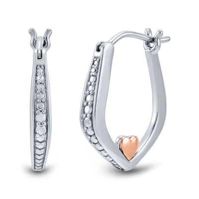 Diamond Hoop Earrings with Heart Charm in Sterling Silver & 14K Rose Gold