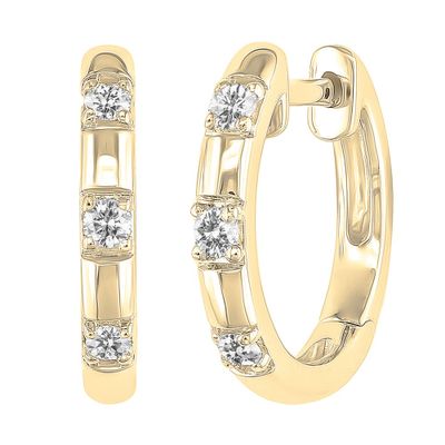 Small Diamond Hoop Earrings with Three-Stone Design in 10K Yellow Gold (1/10 ct. tw.)