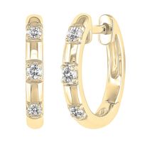 Small Diamond Hoop Earrings with Three-Stone Design in 10K Yellow Gold (1/10 ct. tw.)