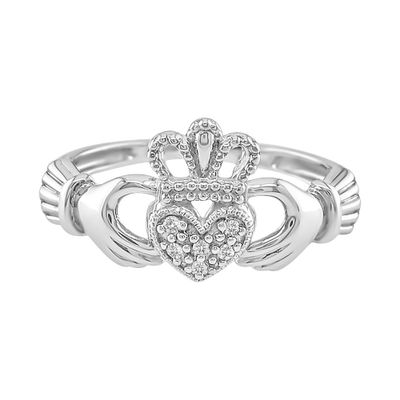 Irish Claddagh Ring with Diamond Accents 10K White Gold