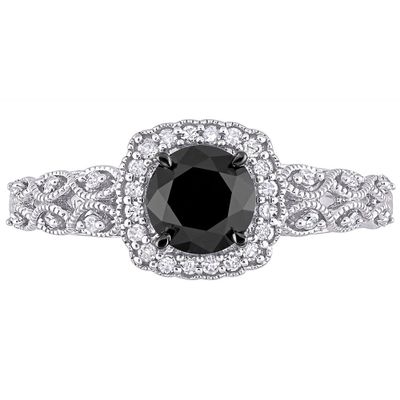 Black & White Diamond Ring with Cushion-Shaped Halo 10K Gold (1 1/7 ct. tw.)