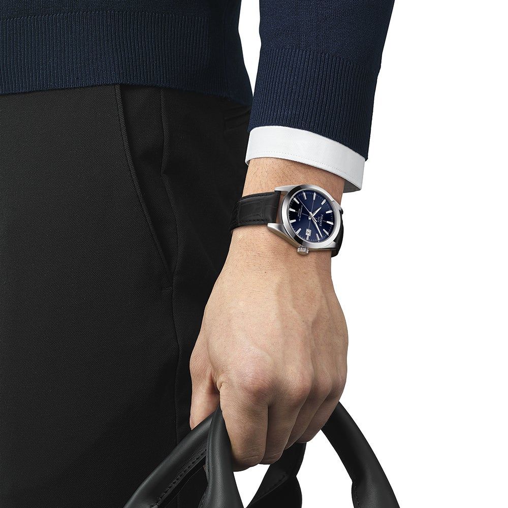 Gentleman Quartz Menâs Black Leather Watch in Stainless Steel, 40mm