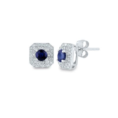 Blue Sapphire Stud Earrings with Diamond Halos in 10K White Gold (1/3 ct. tw.)