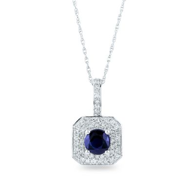 Blue Sapphire Pendant with Diamond Halo in 10K White Gold (1/5 ct. tw.)