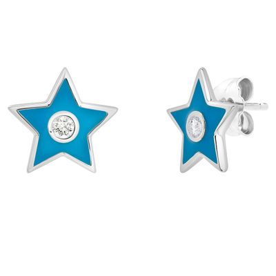 Blue Star Earrings with Diamond Accents in Sterling Silver