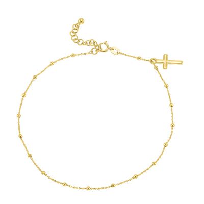 Beaded Anklet with Polished Cross Charm in 14K Yellow Gold