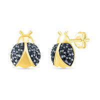 Ladybug Stud Earrings with Black Diamonds in 10K Yellow Gold