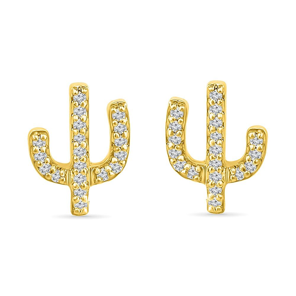 Cactus Stud Earrings with Diamond Accents in 10K Yellow Gold