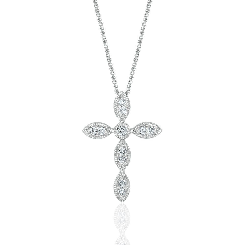 Diamond Cross Pendant with Milgrain Edge in Sterling Silver (1/10 ct. tw.)