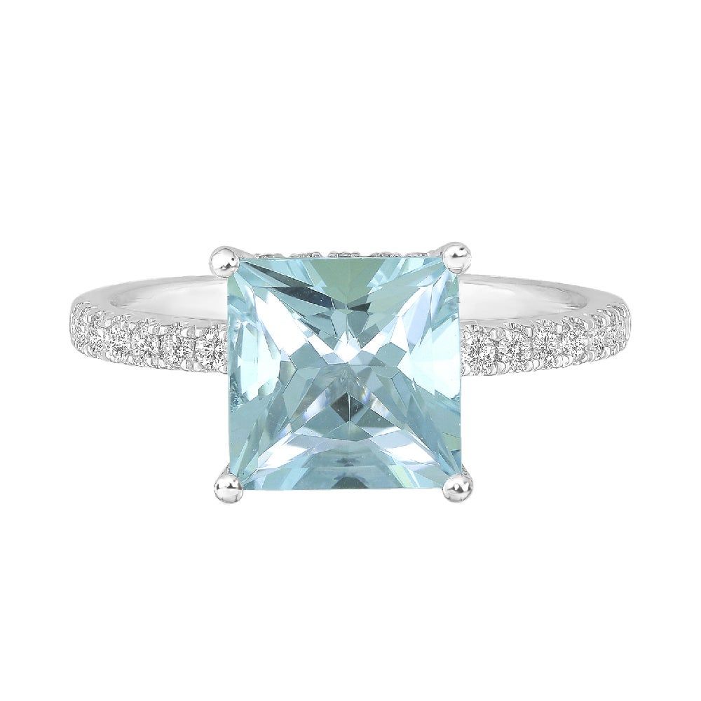 Princess-Cut Aquamarine Ring with Diamond Band 14K White Gold (1/3 ct. tw.)