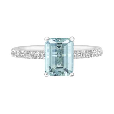 Emerald-Cut Aquamarine Ring with Diamond Side Stones 14K White Gold (1/3 ct. tw.)