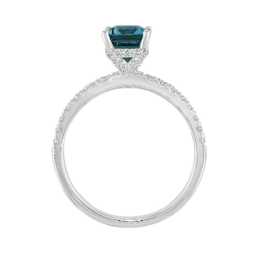 Emerald-Cut London Blue Topaz Ring with Diamond Side Stones in 14K White Gold (1/3 ct. tw.)