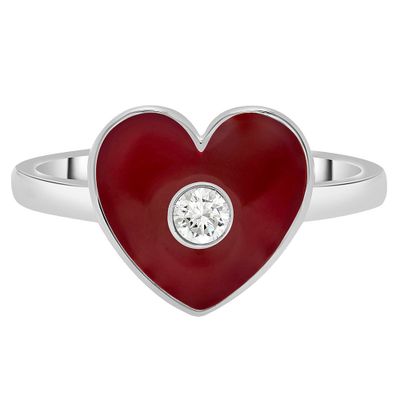 Red Heart Ring with Diamond Accent in Sterling Silver