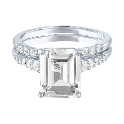 Promise Ring Set with Emerald-Cut Lab-Created White Sapphire Sterling Silver