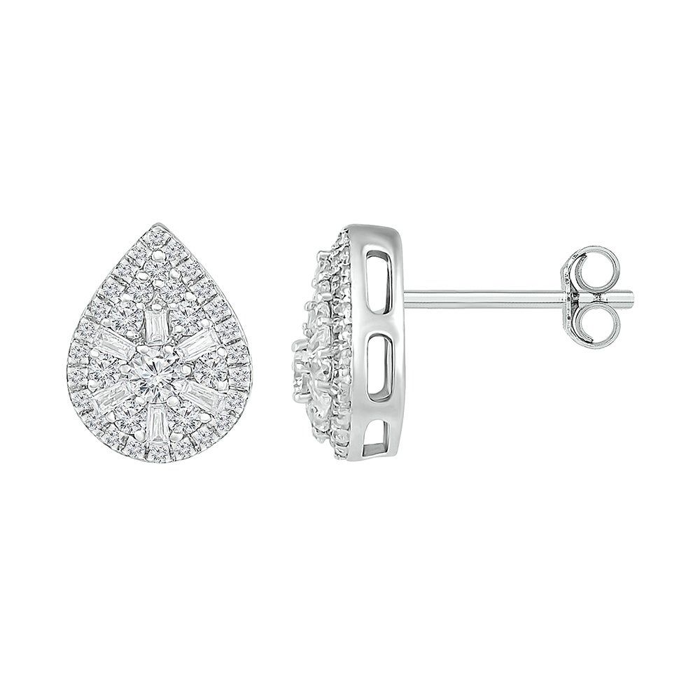Pear-Shaped Diamond Earrings with Baguette & Round Diamonds in 10K White Gold (1/2 ct. tw.)