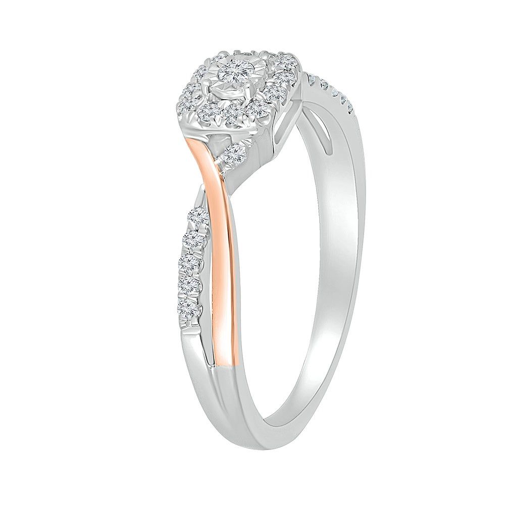 Halo Promise Ring with Diamond Twist Band Sterling Silver & 10K Rose Gold (1/5 ct. tw.)