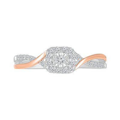 Halo Promise Ring with Diamond Twist Band Sterling Silver & 10K Rose Gold (1/5 ct. tw.)