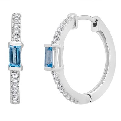 Baguette Hoop Earrings with Blue & White Topaz in Sterling Silver