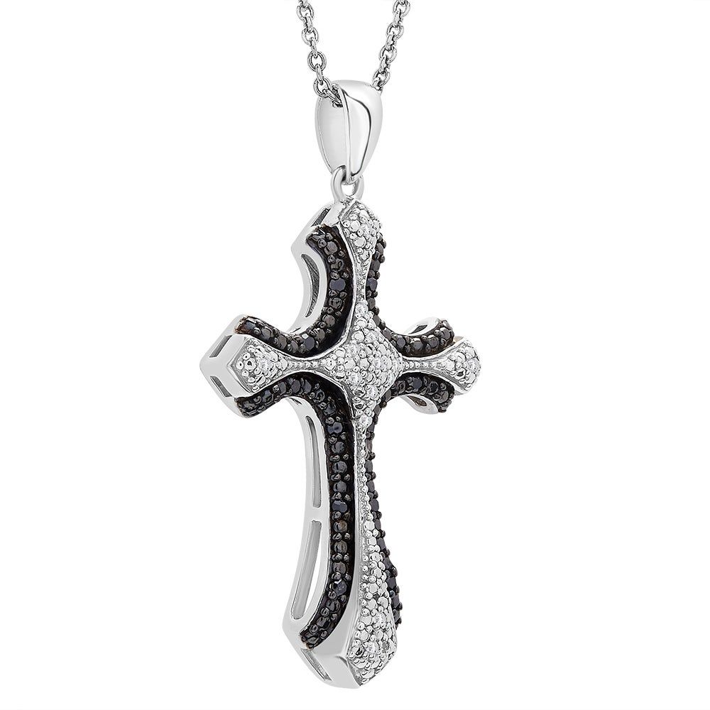 Black & White Diamond Cross Pendant in Sterling Silver (1/10 ct. tw.)