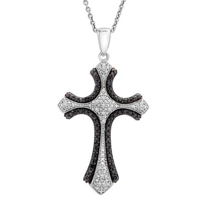 Black & White Diamond Cross Pendant in Sterling Silver (1/10 ct. tw.)