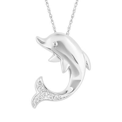 Dolphin Pendant with Diamond Accents in 10K White Gold