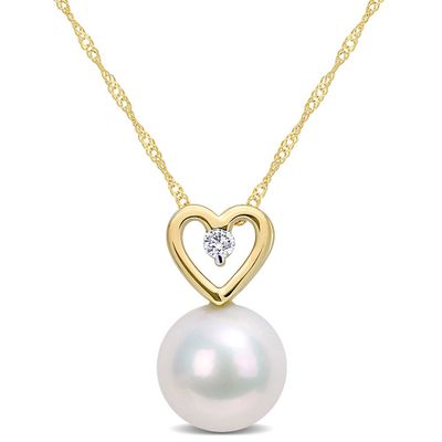 Single Pearl Necklace with Heart & Diamond Accent in 10K Yellow Gold