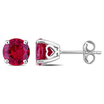 Lab-Created Ruby Stud Earrings with Heart Baskets in Sterling Silver