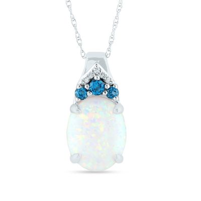 Lab-Created Opal Pendant with Blue Topaz & Diamonds in 10K White Gold