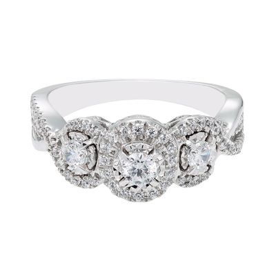 Three-Stone Diamond Engagement Ring with Illusion Halos 10K White Gold (5/8 ct. tw.)