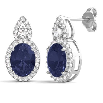 Lab-Created Blue Sapphire Oval Earrings with Lab-Created White Sapphire Halo in Sterling Silver