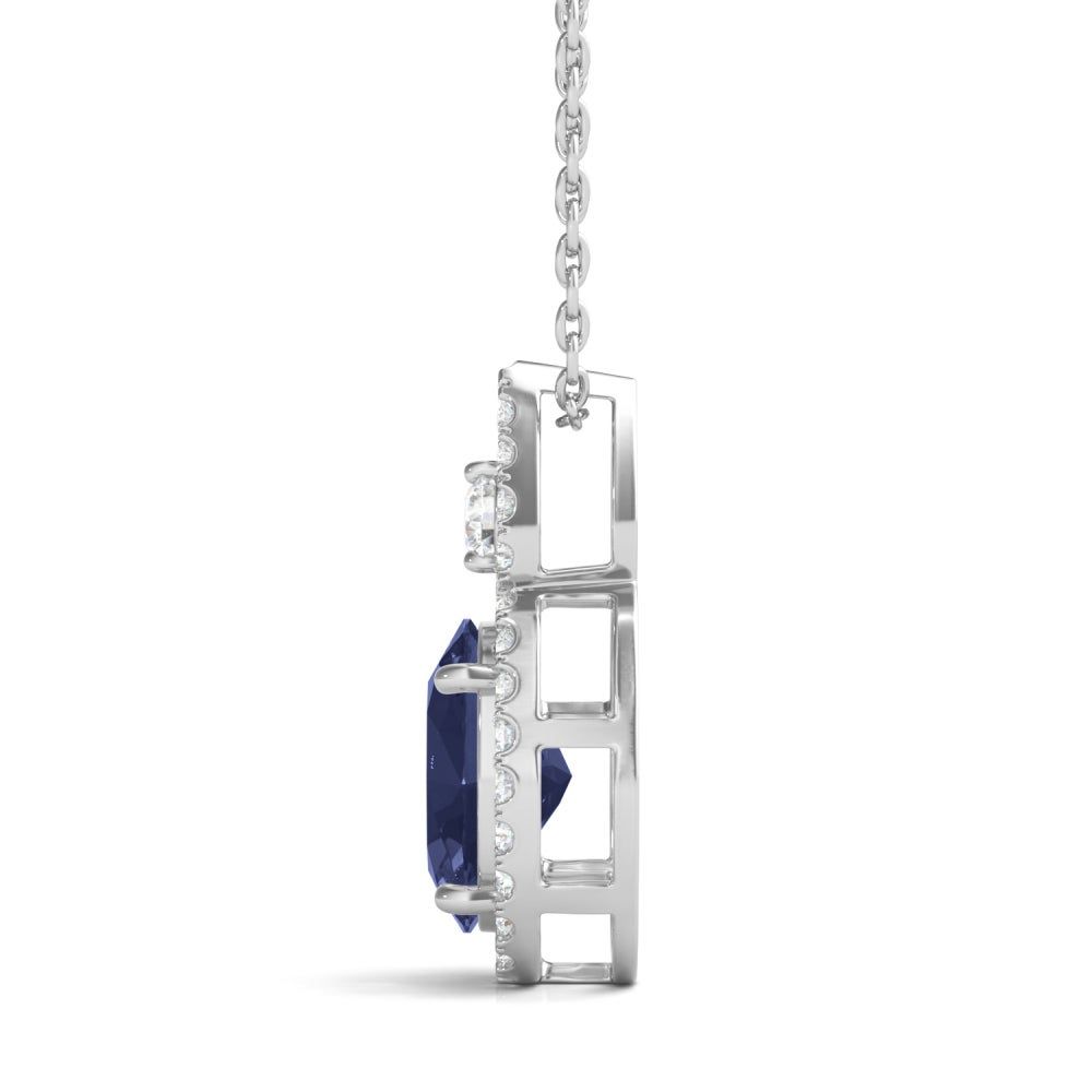Lab-Created Blue Sapphire Oval Pendant with Lab-Created White Sapphire Halo in Sterling Silver